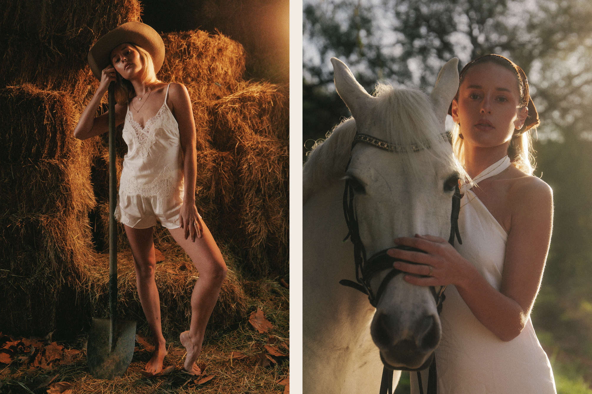 Roos, a Brisbane and Gold Coast model from TMA, posing with the horse during golden hour, captured by photographer Sam David.