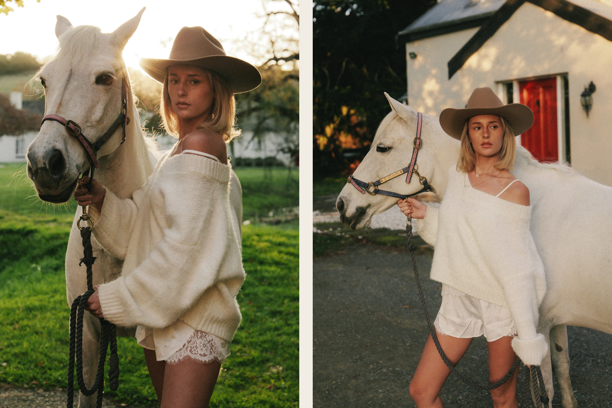 Roos, a Brisbane and Gold Coast model from TMA, posing with the horse during golden hour, captured by photographer Sam David.