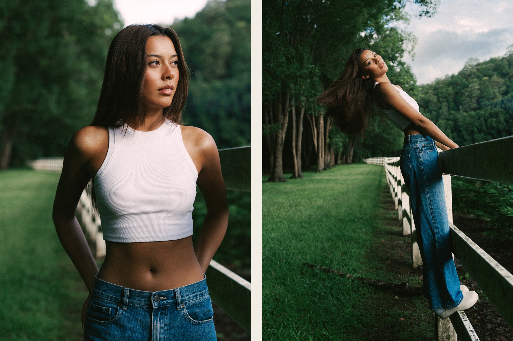 Demi, a Brisbane and Gold Coast model from TMA, posing in a dress on a rainy day, captured by photographer Sam David.