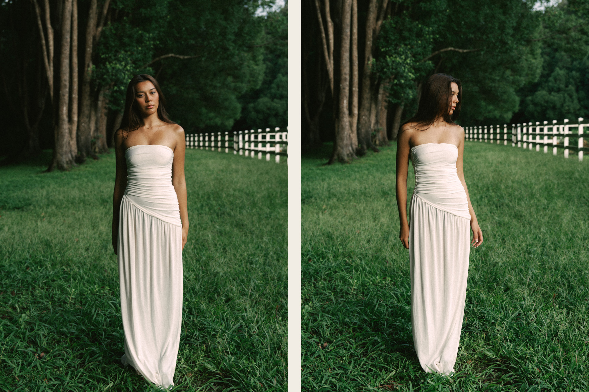 Demi, a Brisbane and Gold Coast model from TMA, posing in a dress on a rainy day, captured by photographer Sam David.